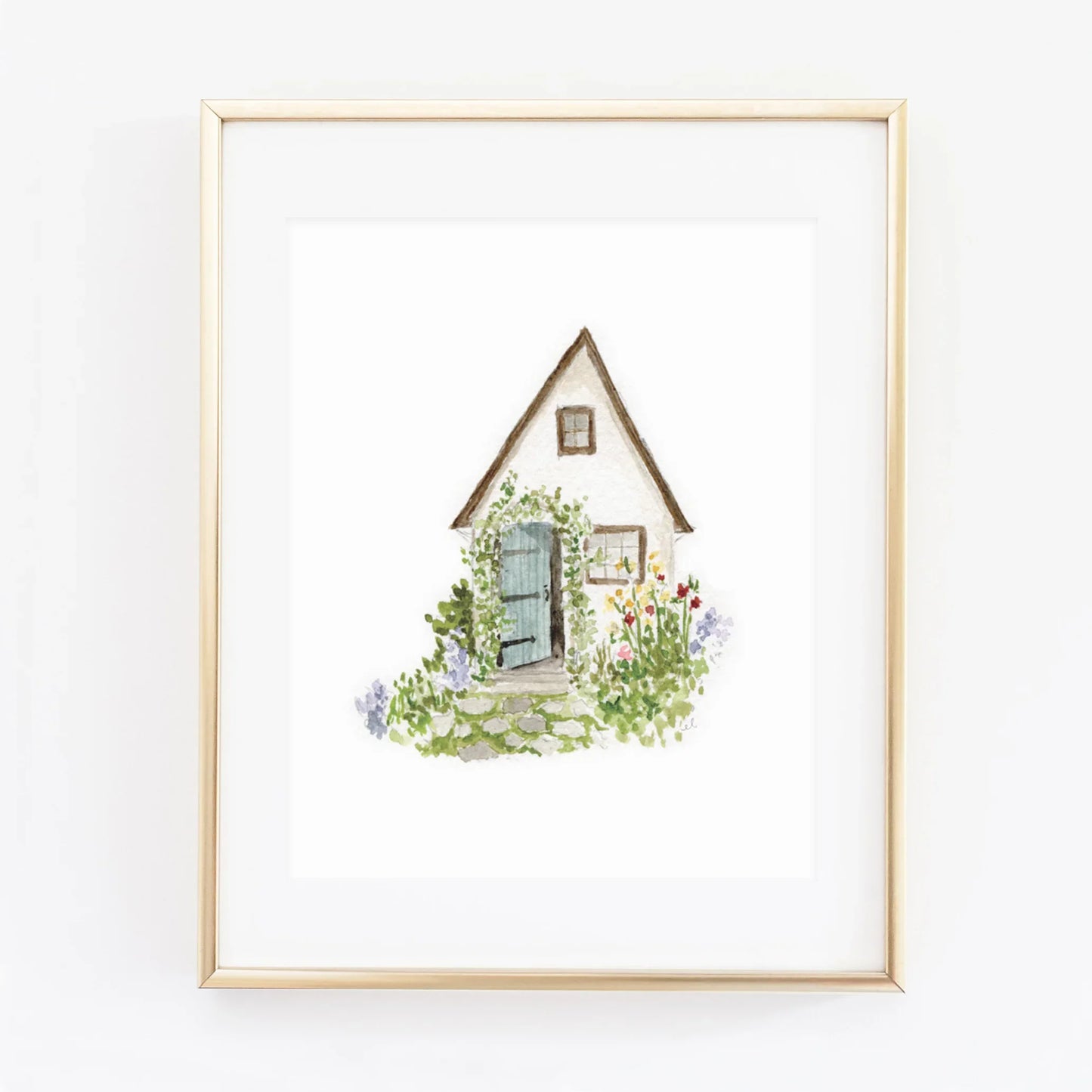 garden cottage watercolor wall art print