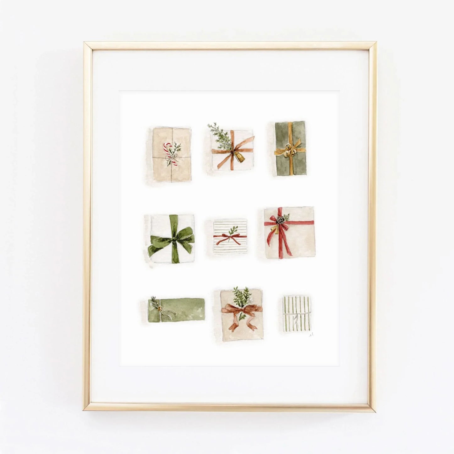 wrapped gifts watercolor wall art print