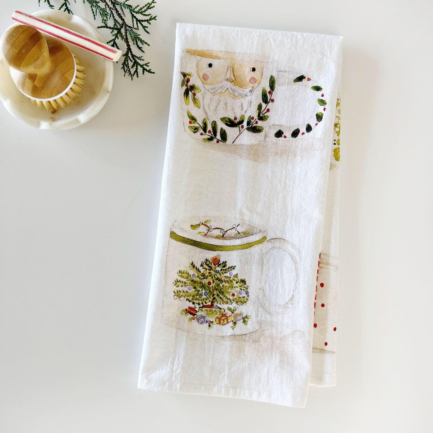 christmas mugs cotton flour sack tea towel