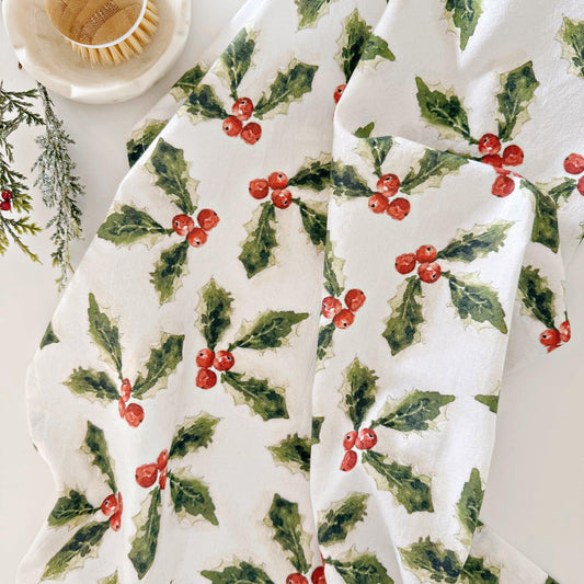 holly berry cotton flour sack tea towel