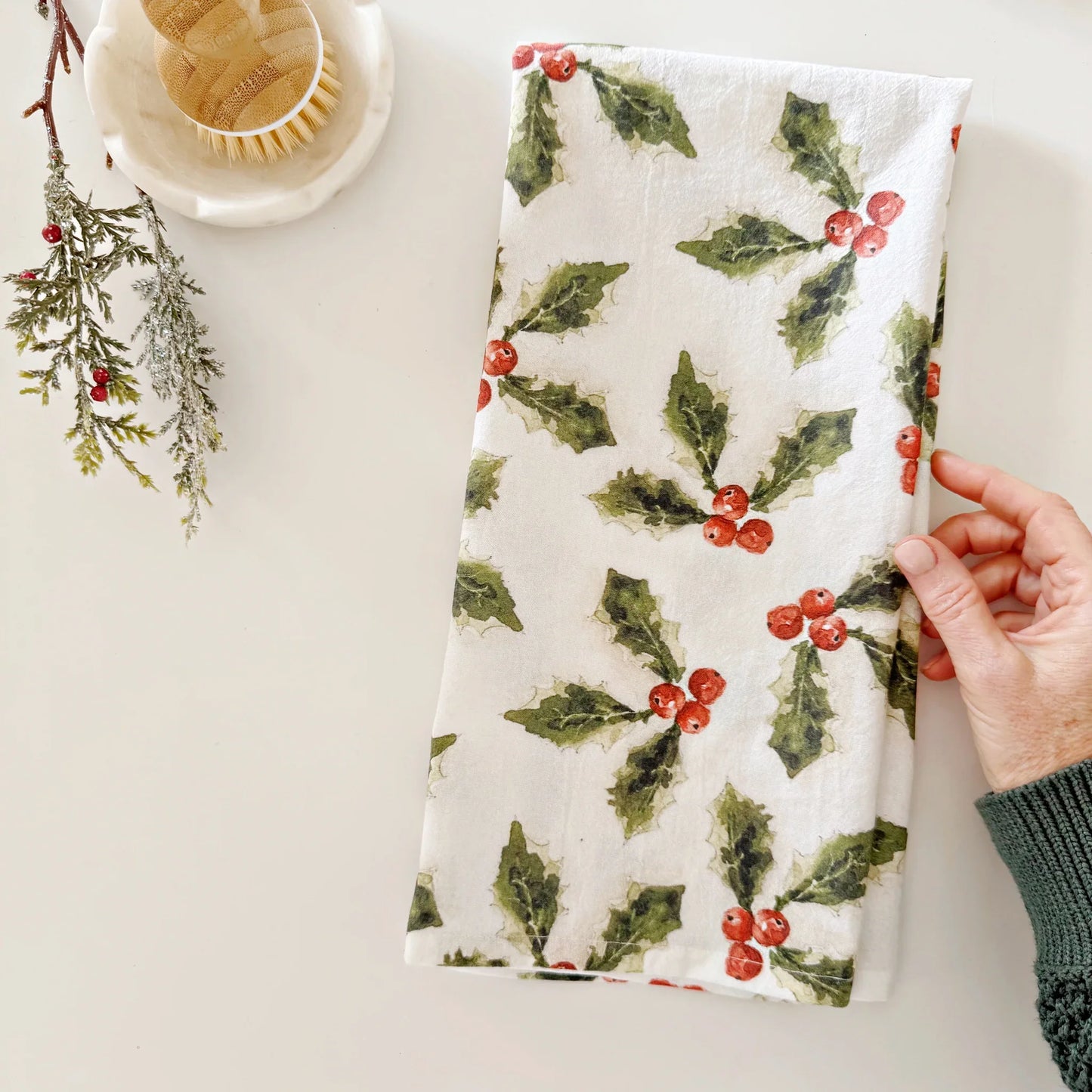 holly berry cotton flour sack tea towel