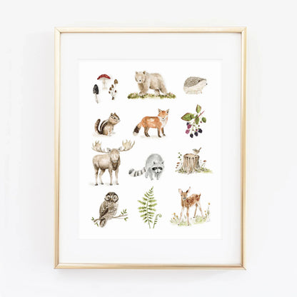 woodland watercolor forest animal wall art print