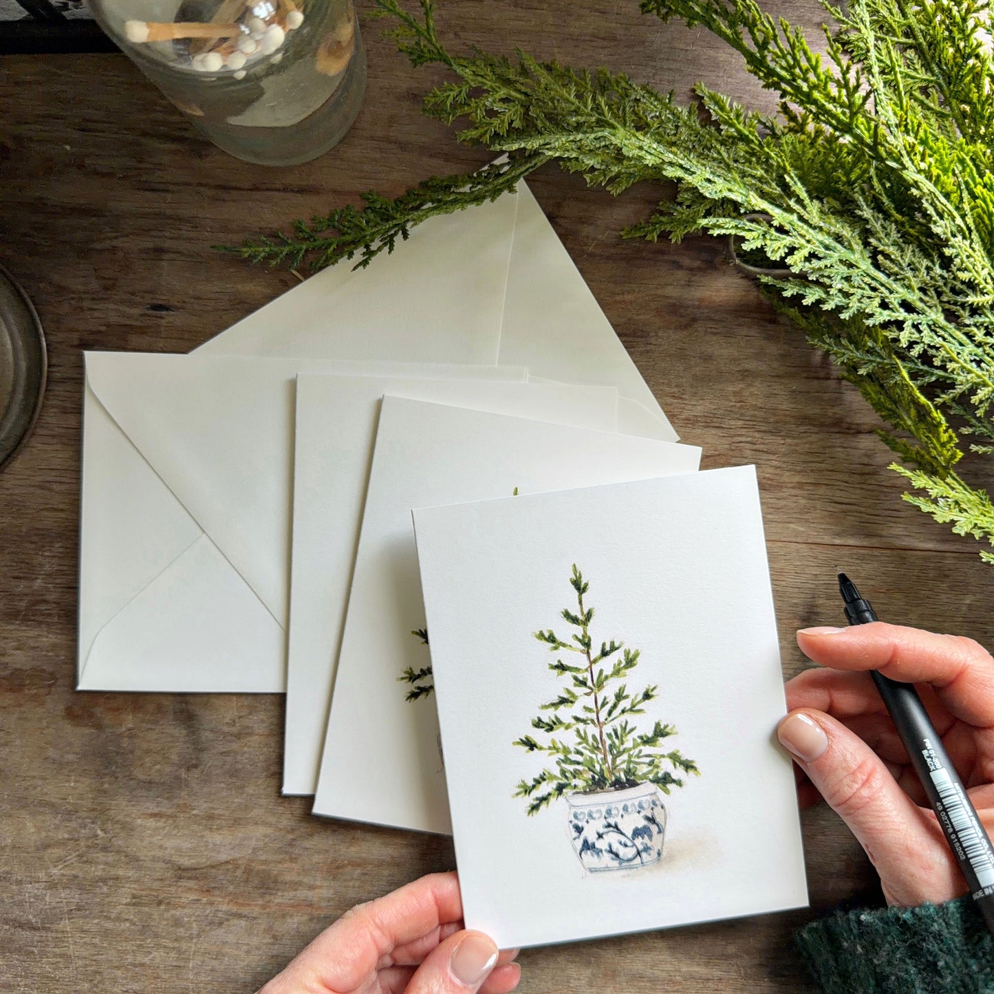 blue potted tree notecard set