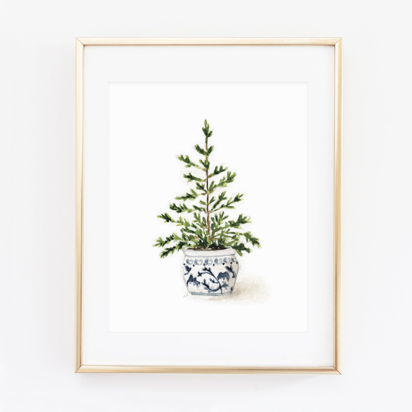 blue potted tree watercolor wall art print