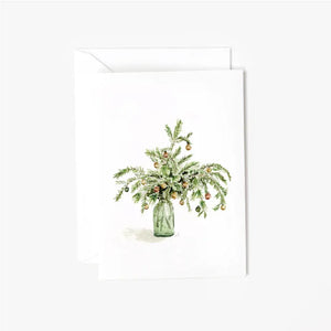 Christmas boughs mini enclosure notecard with watercolor evergreen branches and ornaments in a green glass vase
