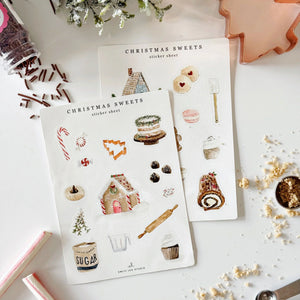 Christmas sweets sticker sheets with watercolor gingerbread house, candy cane, cookies, cake, and baking tools