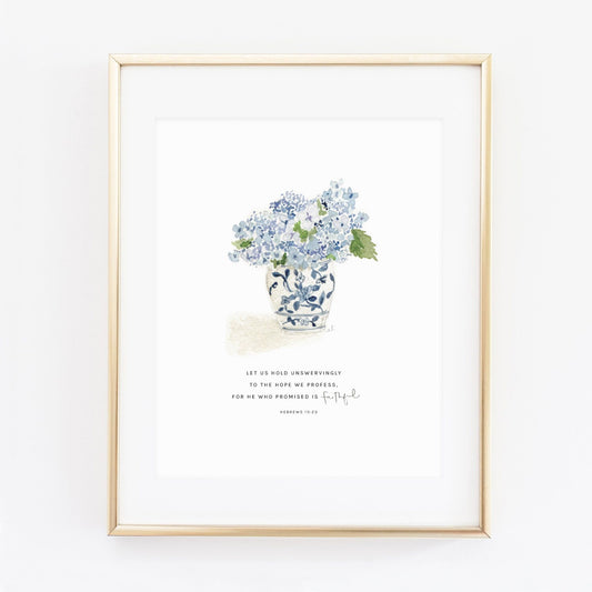 hebrews 10:23 hydrangea bouquet scripture print - emily lex studio