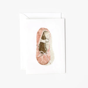 Ballet shoe mini enclosure notecard with a watercolor pink ballet slipper, with a white envelope
