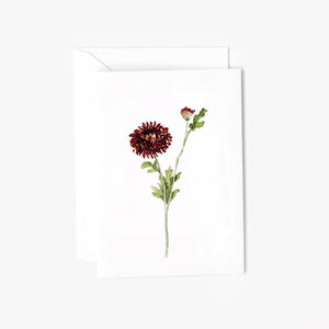 Dahlia stem mini enclosure notecard with a watercolor deep red dahlia and bud on a green stem, with envelope