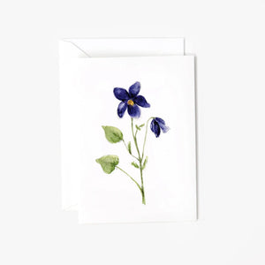 Violet stem mini enclosure notecard with a purple violet flower on a green stem, with a white envelope