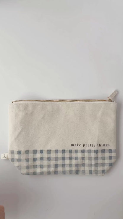 canvas zipper pouch "make pretty things" gingham