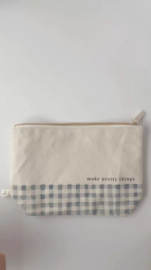 canvas zipper pouch "make pretty things" gingham