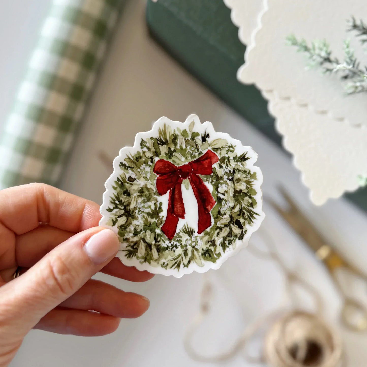 red ribbon wreath sticker