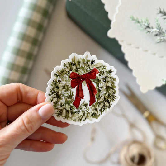 red ribbon wreath sticker