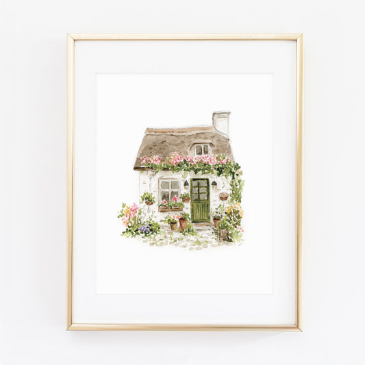 rose cottage watercolor wall art print