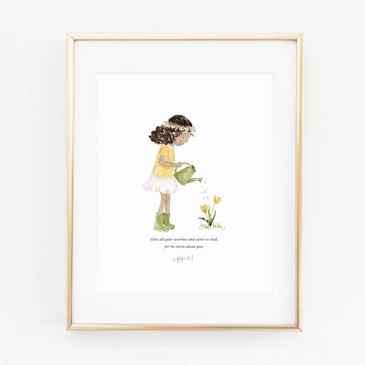 1 peter 5:7 watering girl scripture print