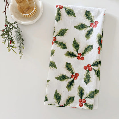 holly berry cotton flour sack tea towel