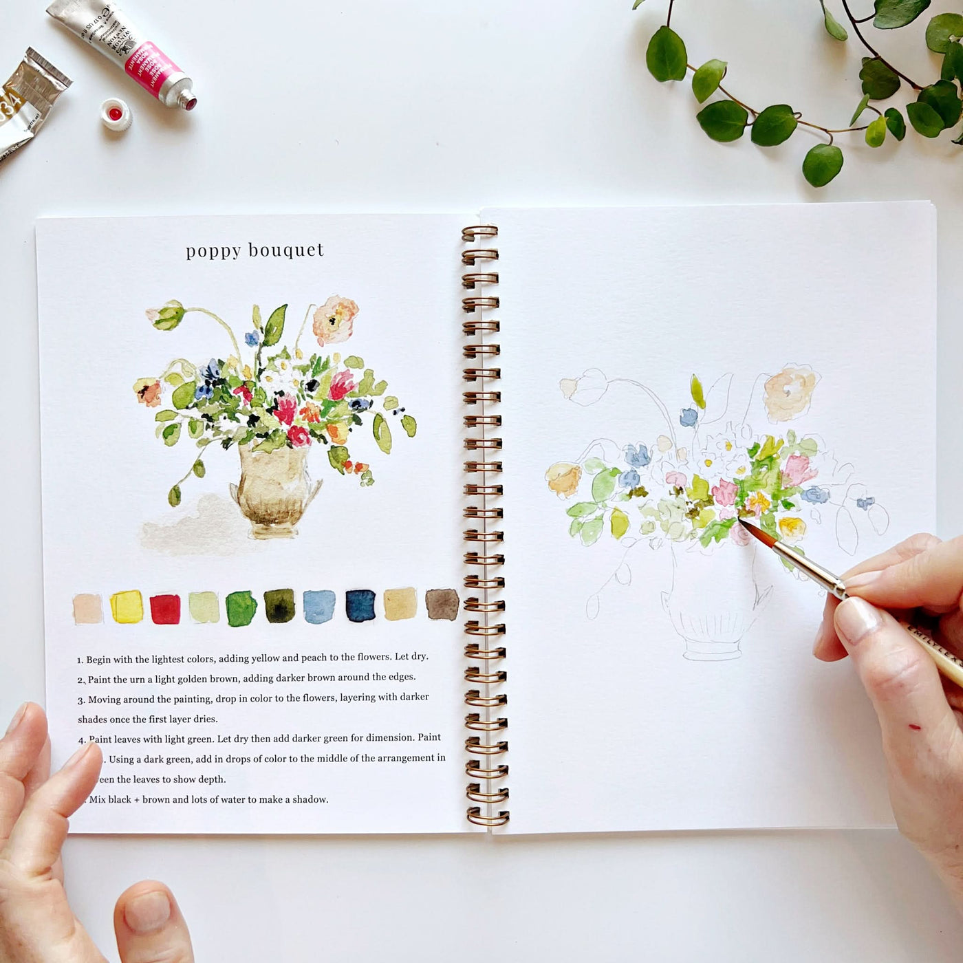 Watercolor Workbook For Beginners, Lex Studio, 12 Colors Watercolor Paint Set Brushes Easy Flower Sketches For Creative Learning All Set