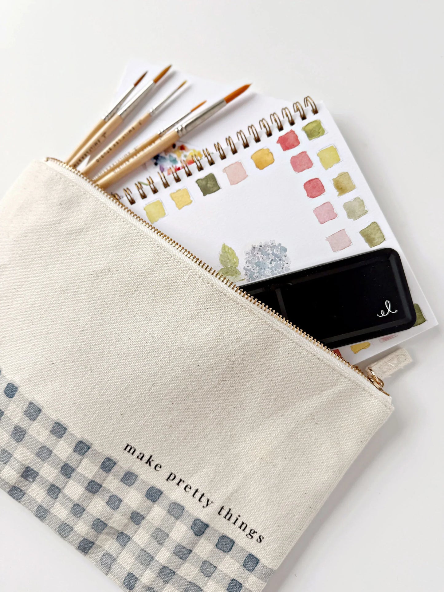 canvas zipper pouch "make pretty things" gingham
