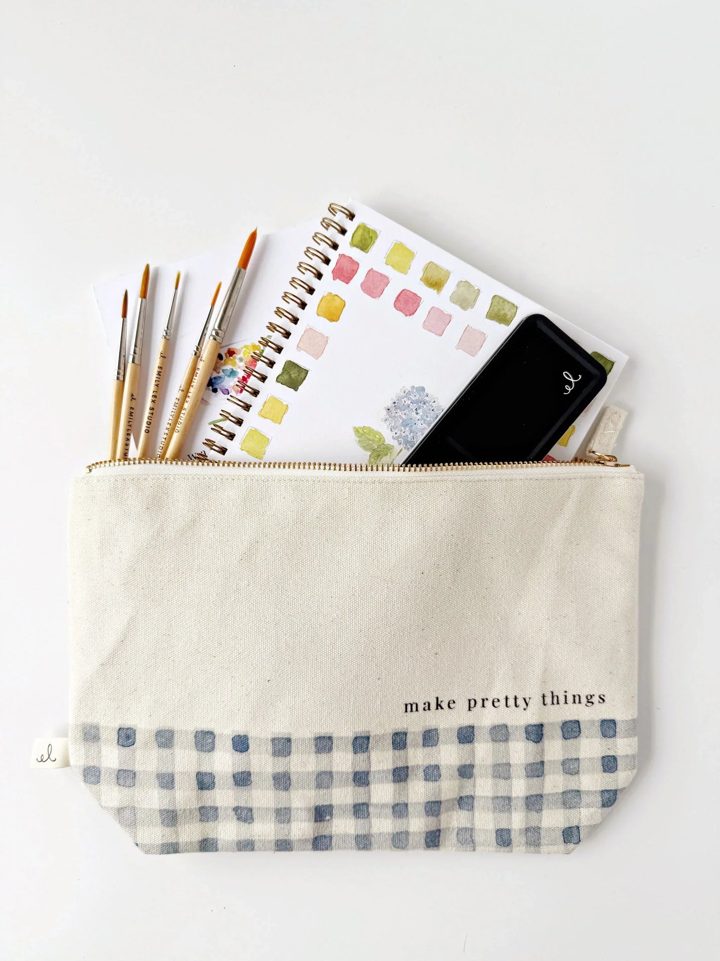 canvas zipper pouch "make pretty things" gingham