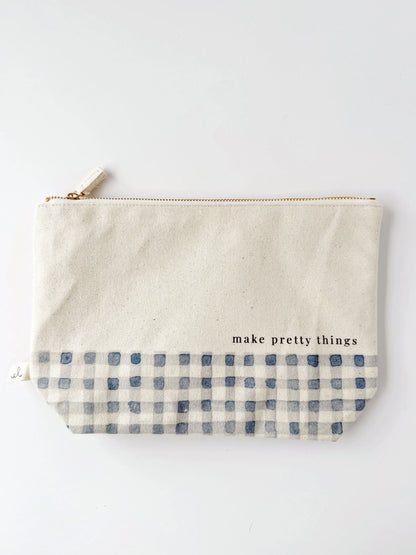 canvas zipper pouch "make pretty things" gingham